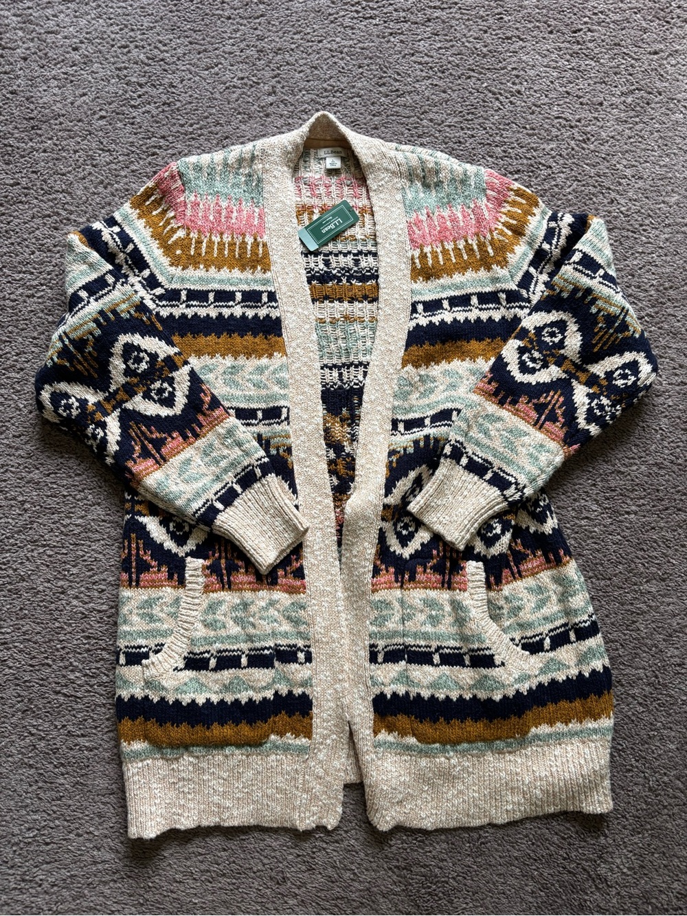 L.L.Bean NWT Fair Isle Open Front Cardigan Sweater Women Large Boho Cottagecore